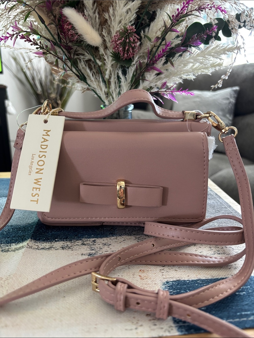 Madison West Small Dusty Pink Bow Crossbody Bag with Gold Hardware
